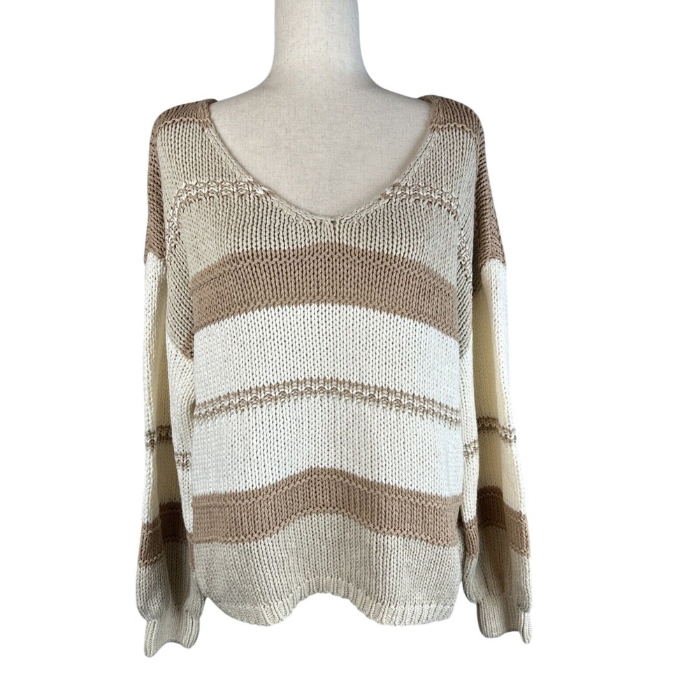 Magnolia Boho V-Neck Pullover Sweater One Size Neutral Beige Ivory Stripe NEW